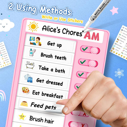 2 Pcs Chore Chart for Kids, Morning/Bedtime Routine Chart, Dry Erase to Do List, Magnetic Checklist, Visual Schedule for Kids (bluepink)