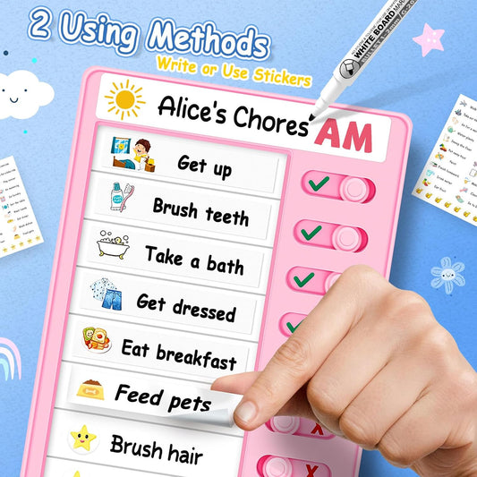2 Pcs Chore Chart for Kids, Morning/Bedtime Routine Chart, Dry Erase to Do List, Magnetic Checklist, Visual Schedule for Kids (bluepink)
