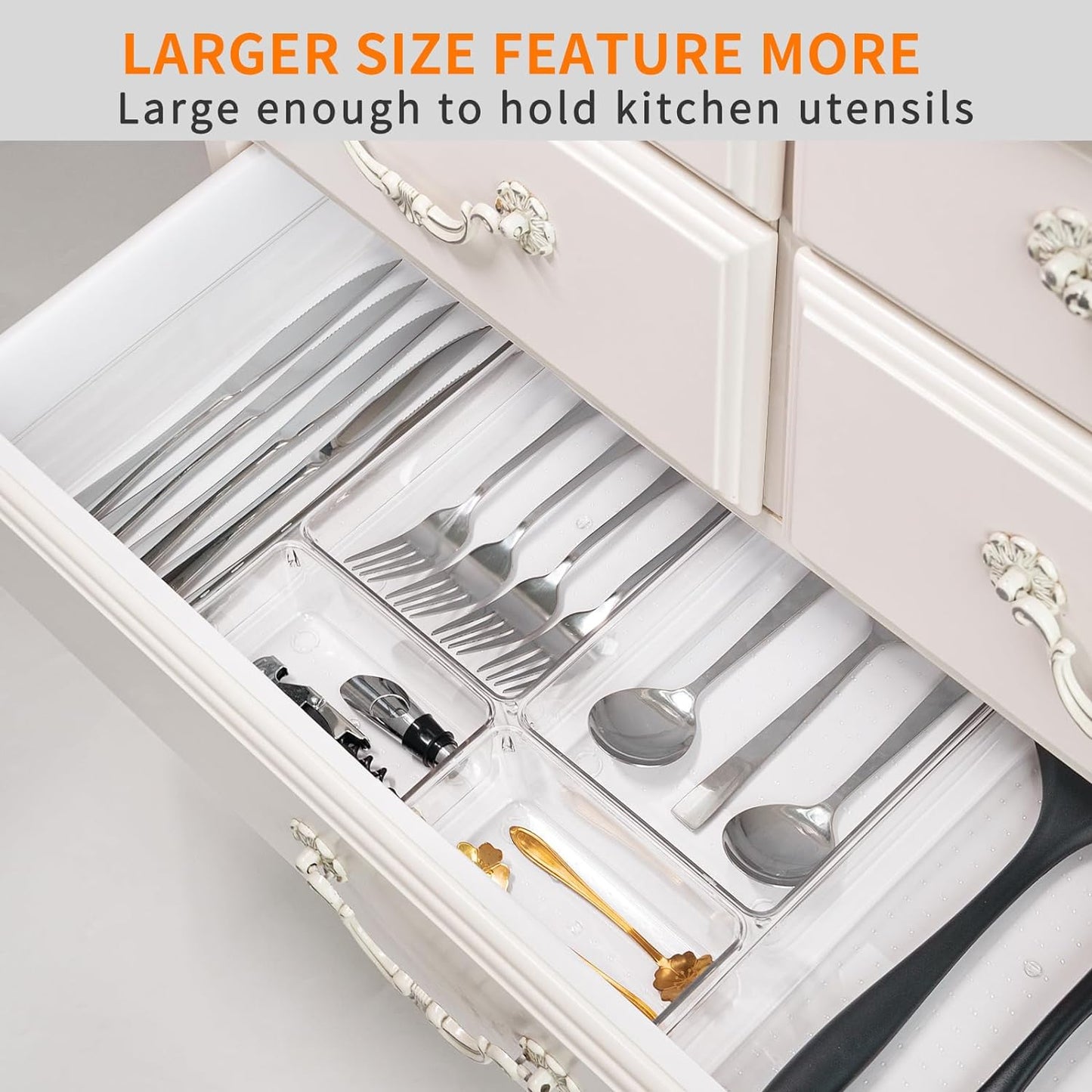 6 Pack Large Clear Plastic Drawer Organizer Trays, Acrylic Kitchen Drawer Organization and Storage Dividers, Non-Slip Storage Bins for Makeup, Kitchen Utensils, Bathroom, Jewelries and Office Desk
