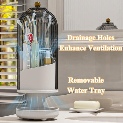 Drainable Toothbrush Toothpaste Holders with Cover, Transparent | Drainage Holes, Waterproof and Dustproof, 360° Rotating Base, Sliding Door, for Bathroom Counter