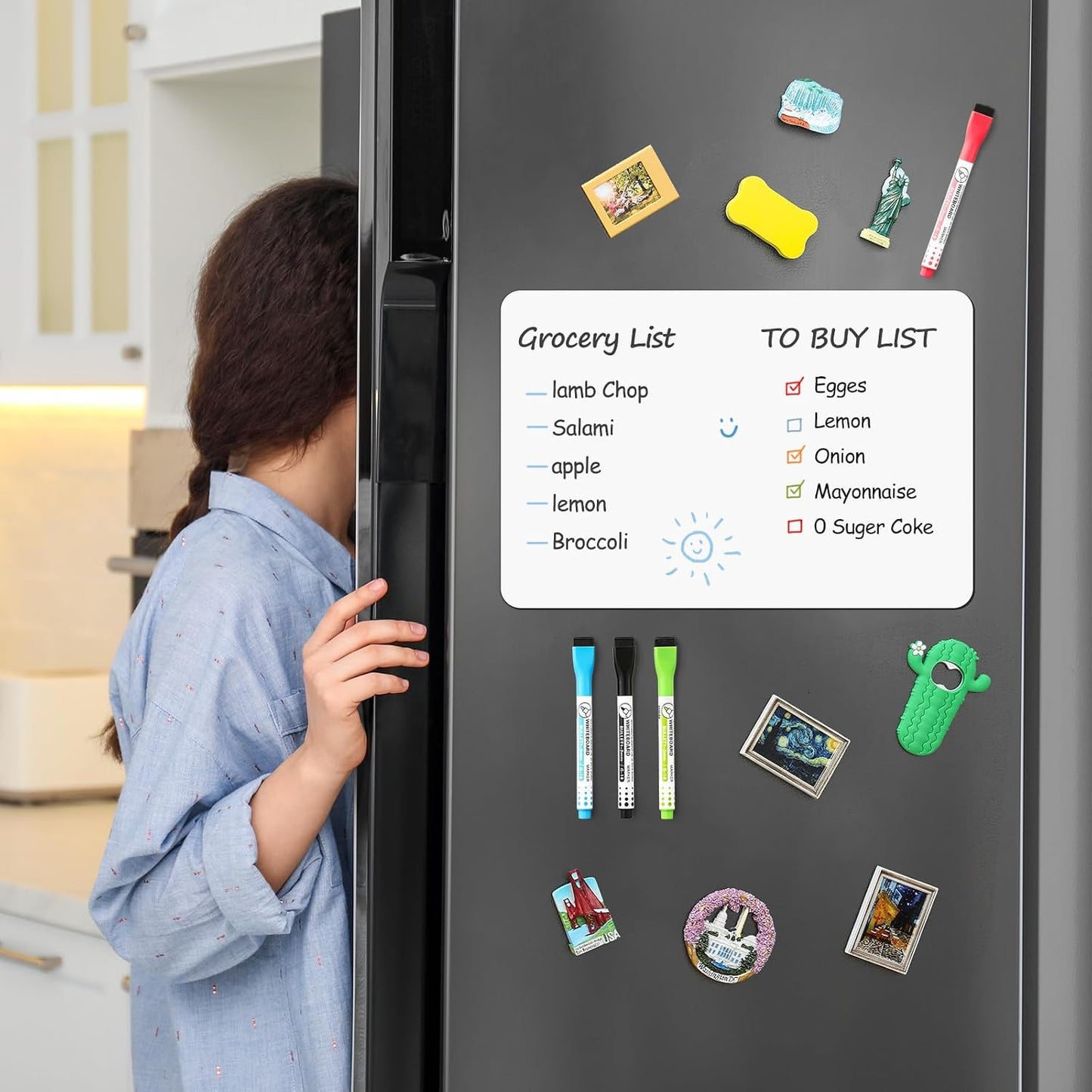 4 PACK Magnetic Dry Erase Board Sheet for Fridge, 12"x8" Erasable Refrigerator WhiteBoard w/ 6 Markers & 1 Eraser- Smooth and Flexible Small Magnet Blank Notepad for Home Kitchen Organizer and Planner