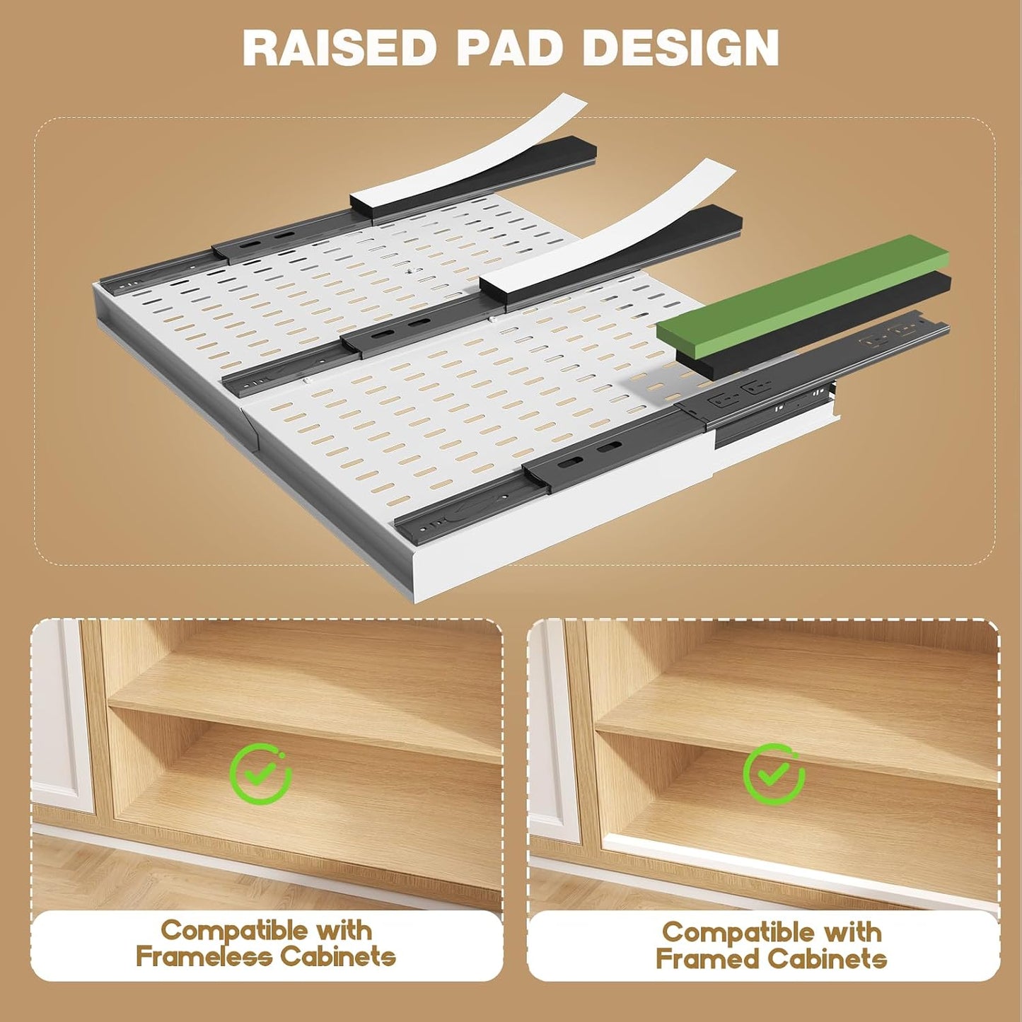 Seinloes Pull Out Cabinet Organizer, 4-Side Expandable to Fit Most Cabinets, 3 Rail Slide Out Drawers with Raising Pad for Framed & Frameless Cabinets, 13"-21" W x 17"-24" D, White, 2 Pack