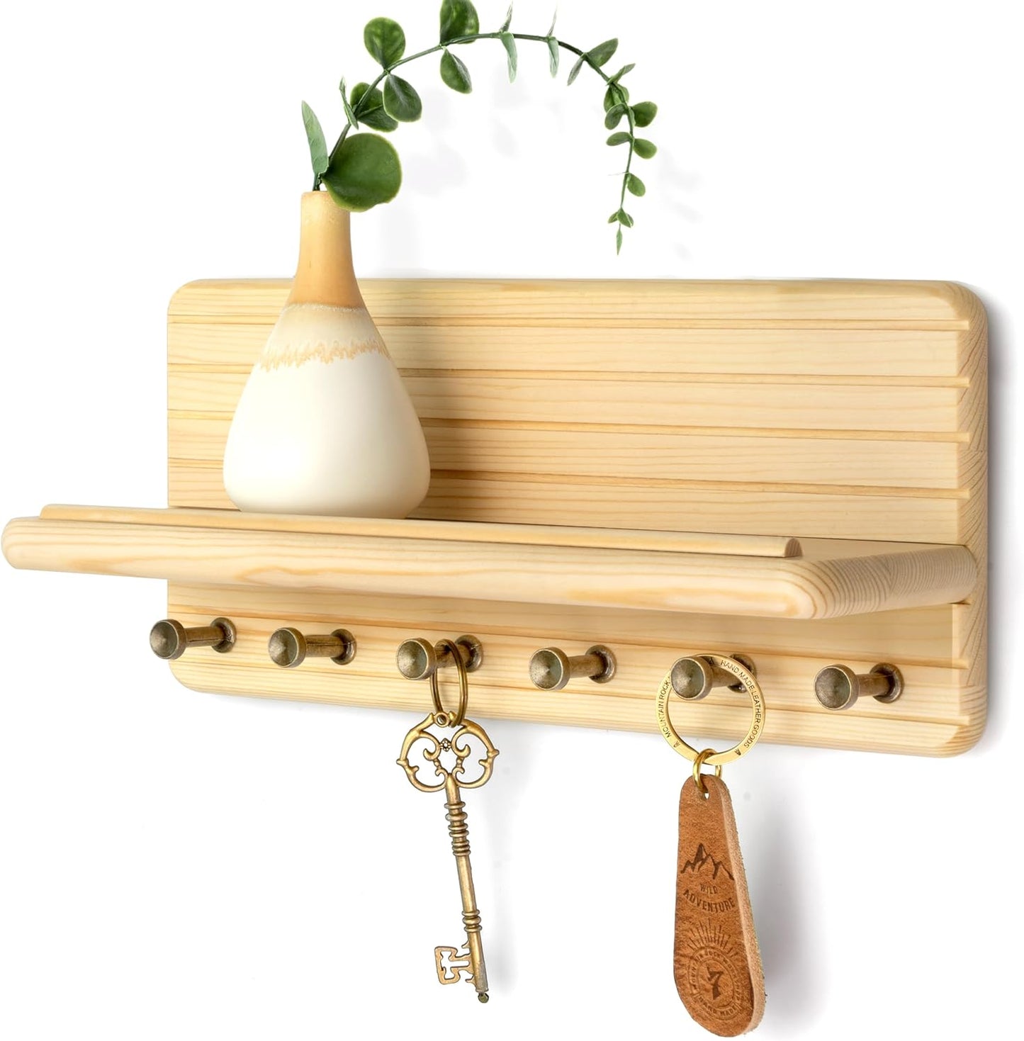 Rebee Vision Pine Wood Key Holder Wall Mount with Shelf for Entryway, Brown | 6 Key Hooks, Round Corner, Smooth&Hand-Friendly, Clear Wood Texture, Space-Saving Design, Organize Mail & Letter