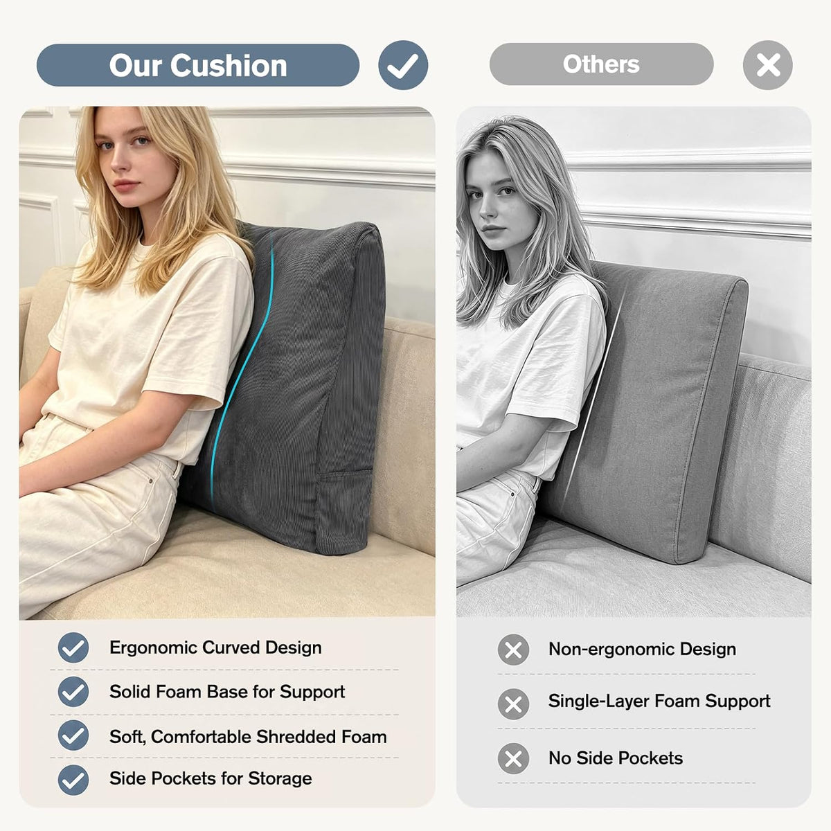 Couch Back Cushion, Shredded Foam Lumbar Support Pillow with Side Pocket