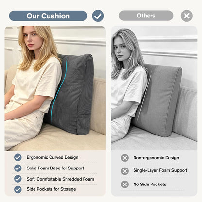 Couch Back Cushion, Shredded Foam Lumbar Support Pillow with Side Pocket