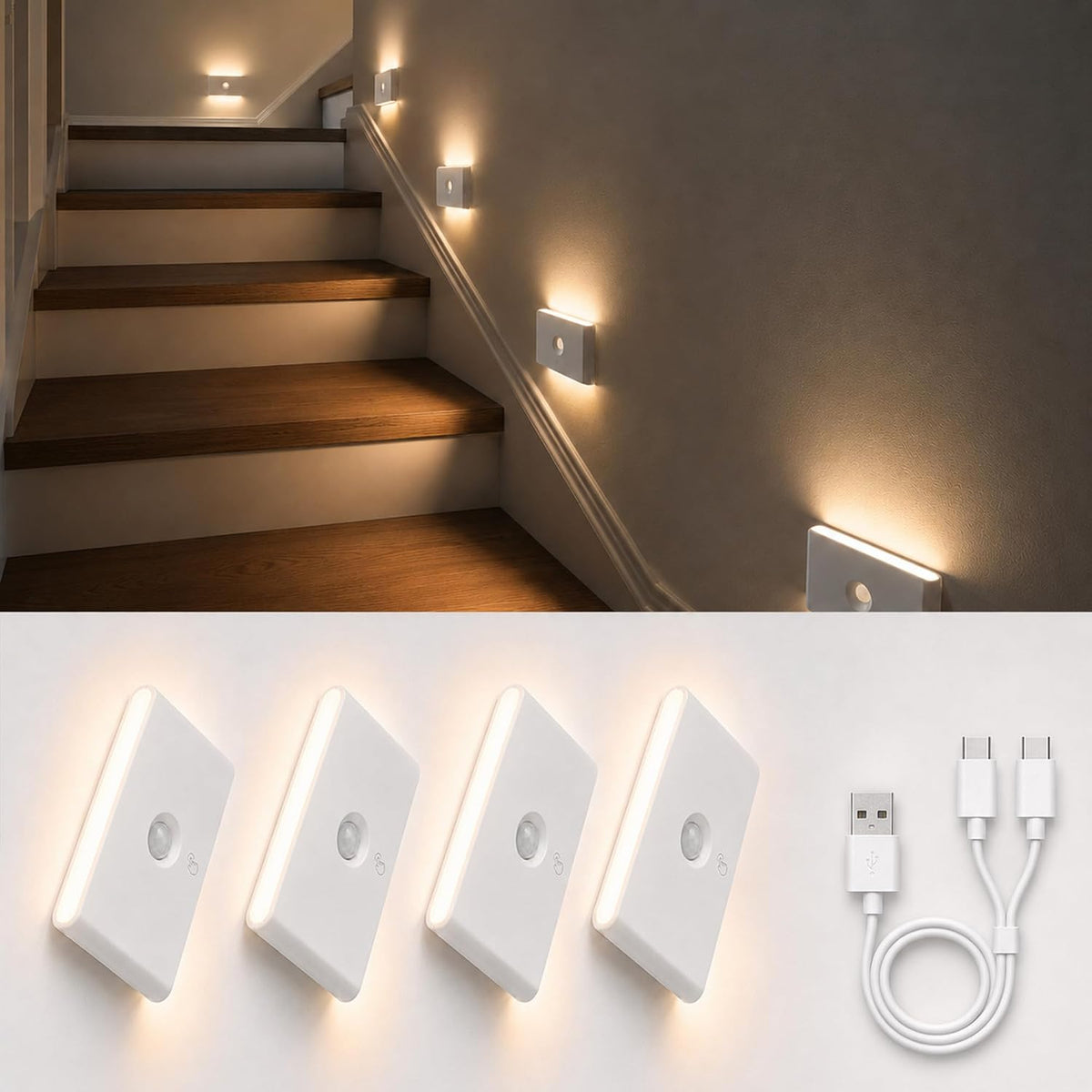 Rechargeable Motion Sensor Stair Night Lights, 4 Pack Indoor Step Lights