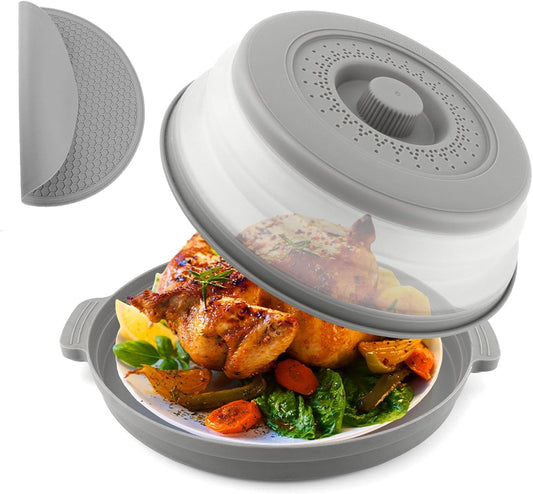 Collapsible Microwave Splatter Cover for Food with Base Mat,Silicone Microwave Plate Cover,Vented Silicone Splatter Guard Lid Vegetable Fruit Colander for Even Heatin(27 * 9.5cm,COLOR:Grey)