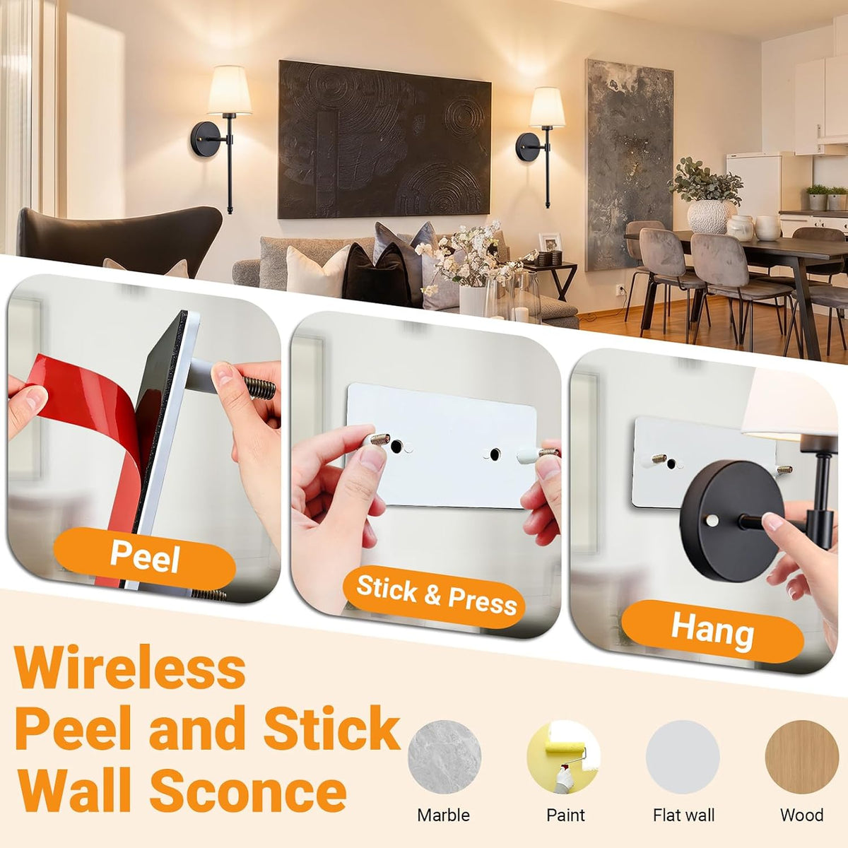 Nekhung Battery Operated Wall Sconce, Peel and Stick Sconces Set of 2