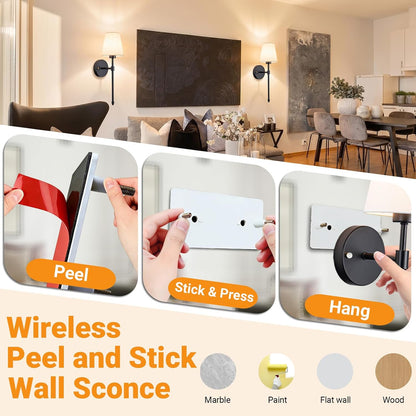 Nekhung Battery Operated Wall Sconce, Peel and Stick Sconces Set of 2
