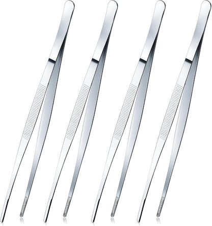 Yaomiao 4 Packs Bar Tweezers Long Garnish Tongs Bar Tweezers Stainless Steel Korean Bbq Tongs for Bartender Cocktail Cooking Food(Silver,8 Inch)