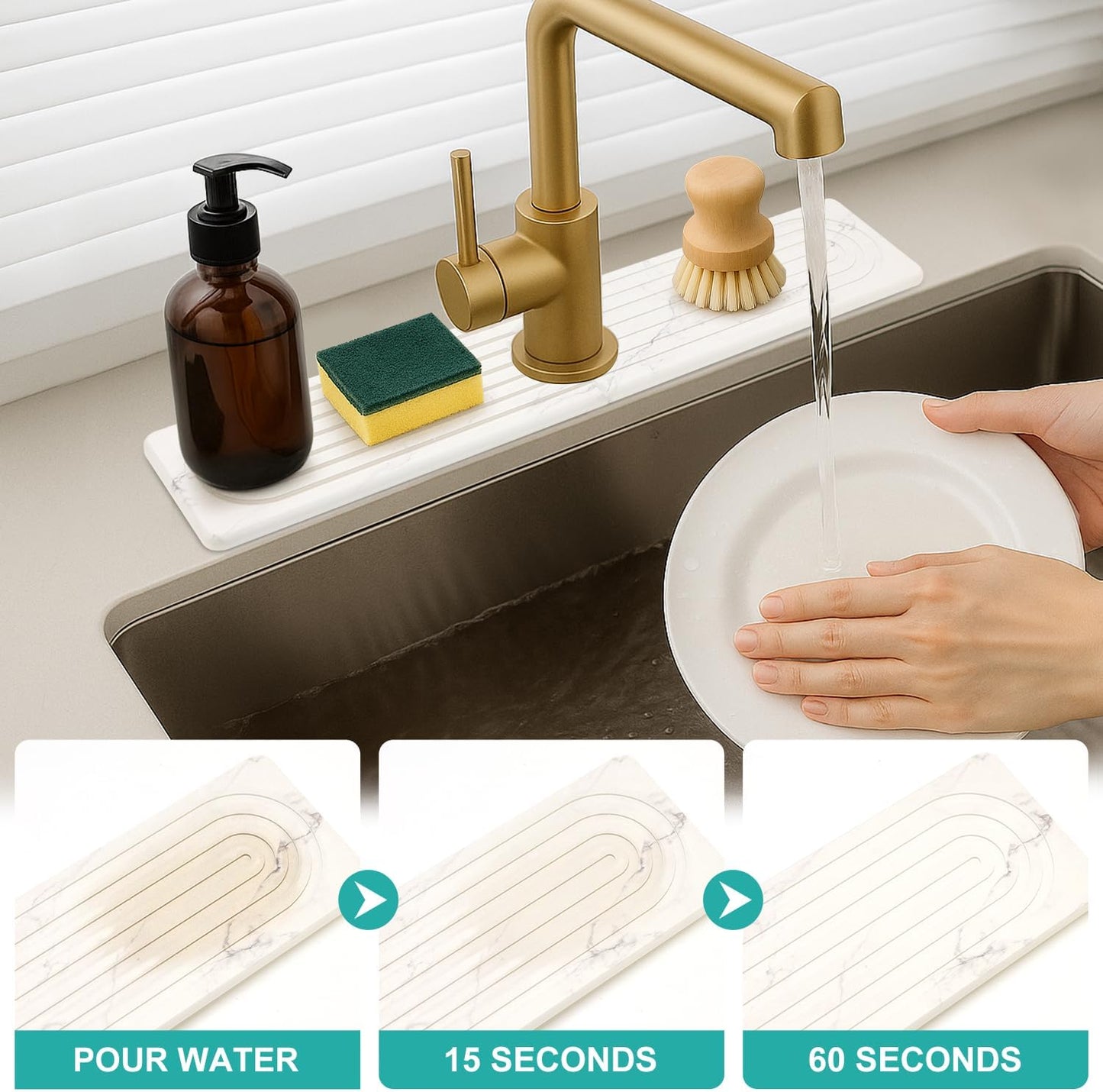 Fast Dry Stone Faucet Mat for Bathroom Sink Kitchen Counter Marble Trays | Small Diatomite Sink Splash Guard White Absorbent Tray Counter Quick Drying Stone Kitchen Diatomaceous Earth Around Faucet