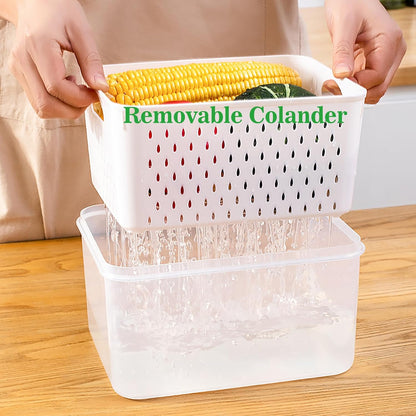 Fruit Storage Containers for Fridge with Removable Colander, Food Storage Containers with Lids, Dishwasher & Microwave Safe, Keep Berry Fruit Vegetable Meat Fresh Longer (Clear Body/Clear Lid)
