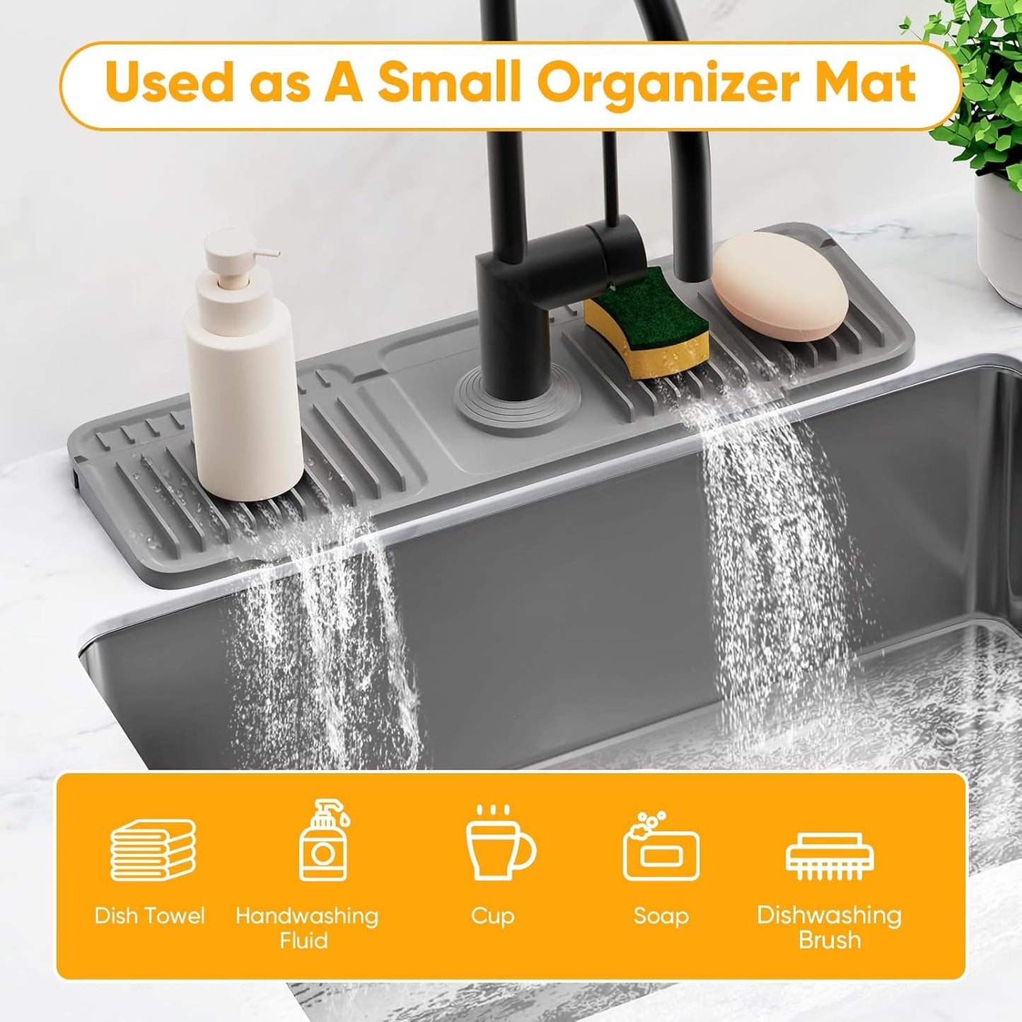 24'' Longer Faucet Mat for Kitchen Sink Splash Guard[7° Slope Fast Self-draining][Snap Lock Fit]Kitchen Sink Faucet Mat Splash Guard Kitchen Sink Area Water Splash Guard Behind Faucet Draining Mat