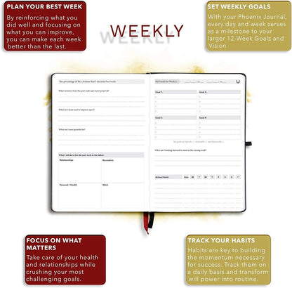 The Phoenix Journal - Quarterly Goal Planner, Daily Planner Journal & Organizer for Goal Setting, Productivity & Focus - Undated 12 Week Planner, Weekly & Monthly Planning, Habit Tracking - Hardcover - Black