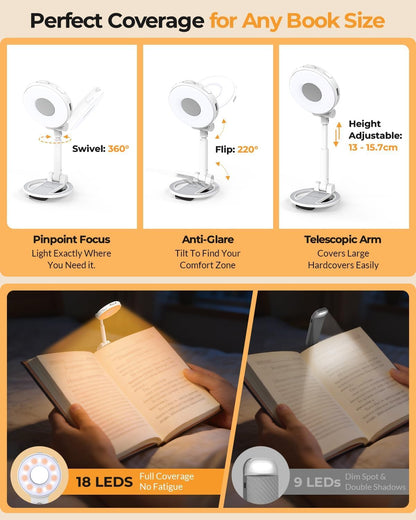 18 LED Rechargeable Clip On Book Light | 3 Color Temperatures, Stepless Dimming, Timer & Memory Function, Wide Beam Lighting, Bed Reading and Travel Use