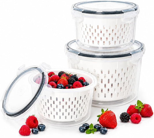 3 Piece Fruit & Berry Storage Boxes with Lid for Refrigerator, Round Berry Containers for Blueberries, Strawberries & Fruits, Food Storage Containers for Fresh Keeping
