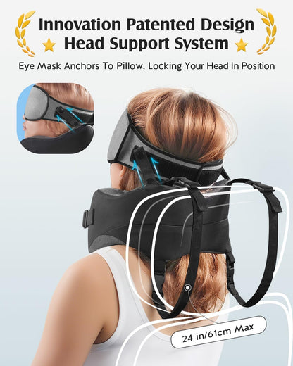 YFONG Travel Pillow with Head Support & Sleep Mask for Long Flights, Black | Patented 360° Support System, Prevents Bobbing, Airplane Head Strap, 3D Eye Mask, Memory Foam Neck Pillow, Travel Essential