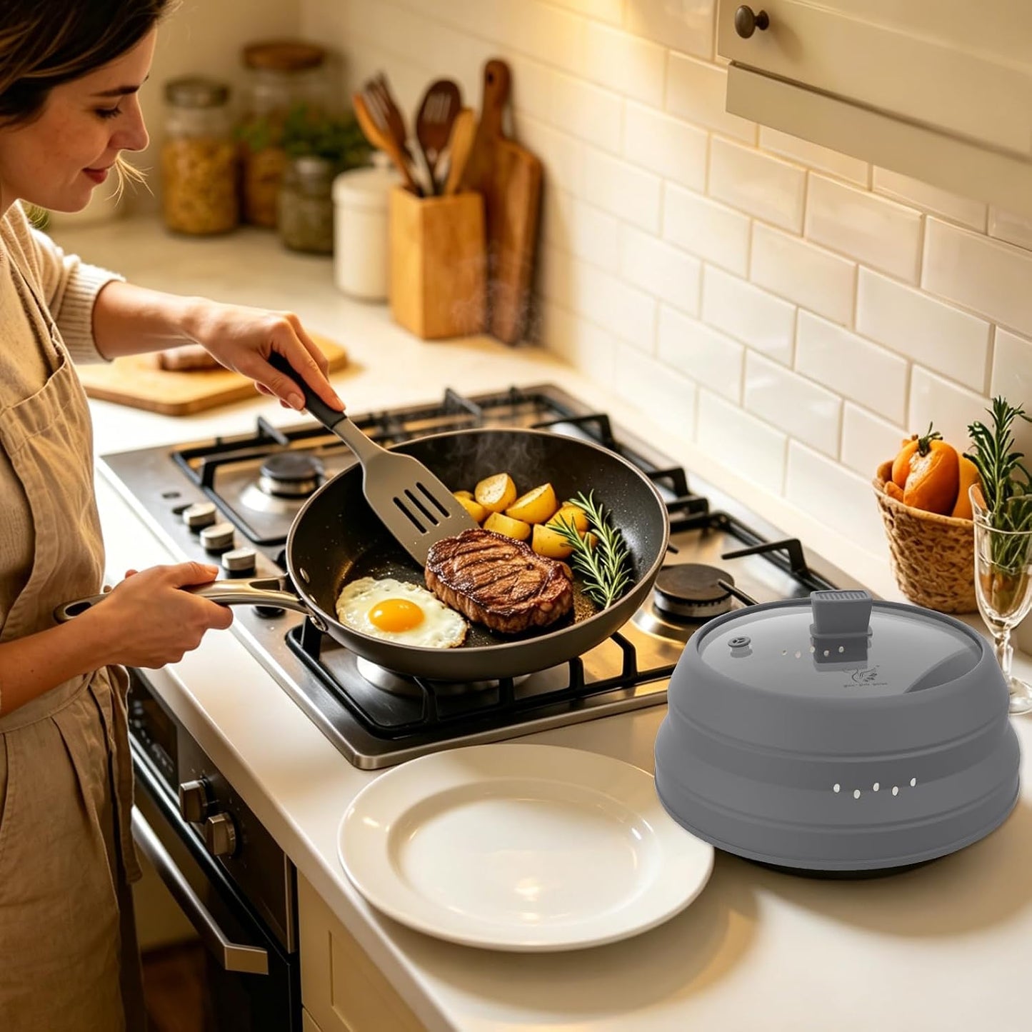 Microwave Splatter Cover Glass Guard Lid with Collapsible Silicone for Food Pot Plate Cover 9.8 inch Dark Blue