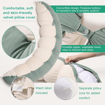 Peallow(Pat. Pend) – Long Round Body Pillow for Adults, Bolster Pillow for Sleeping, Soft and Supportive Pillow for Sleeping & Lumbar Support (Green-White, 29.5")