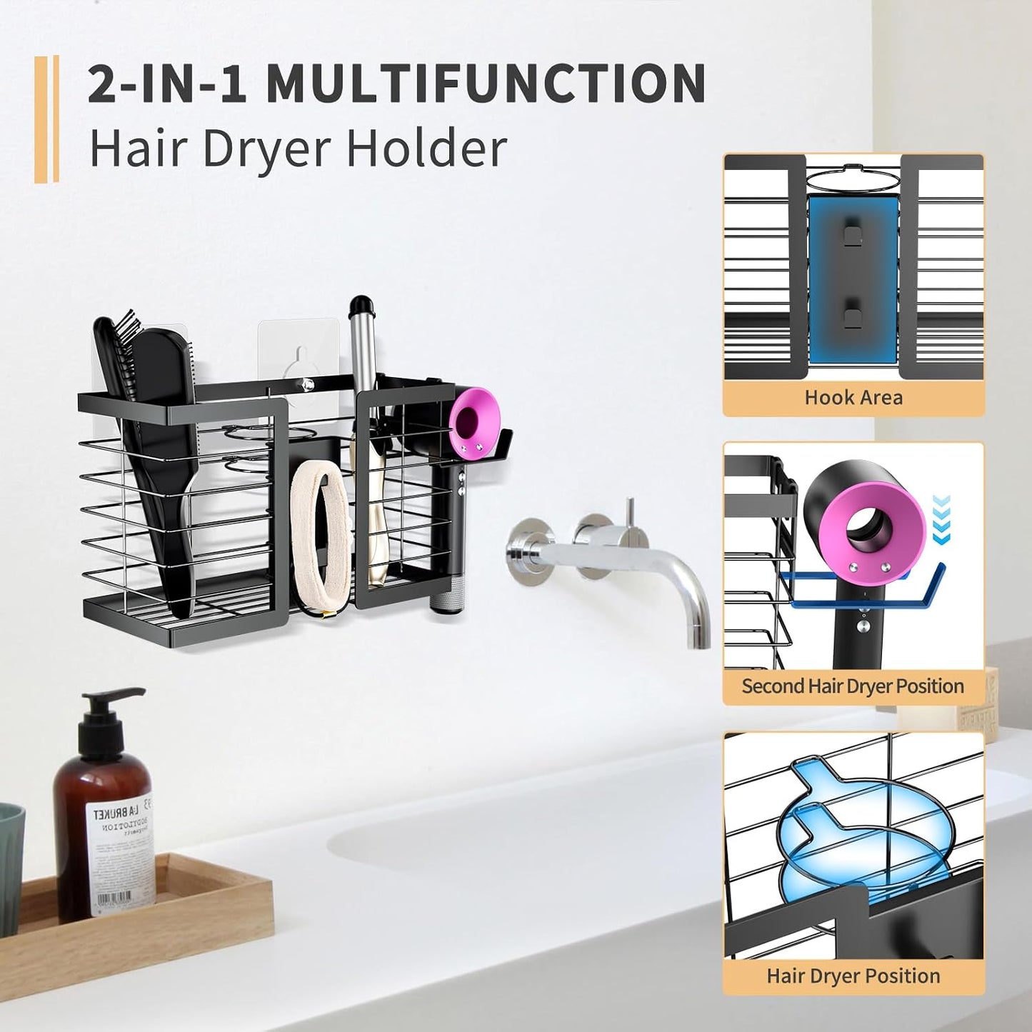 FUNKYLEE Hair Tool Organizer, 3 in 1 Metal Hair Dryer Holder Wall Mounted for Flat Iron, Curling Iron, Straightener, Styling Tools Bathroom Storage and Organizer (Black)