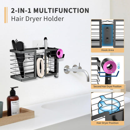 FUNKYLEE Hair Tool Organizer, 3 in 1 Metal Hair Dryer Holder Wall Mounted for Flat Iron, Curling Iron, Straightener, Styling Tools Bathroom Storage and Organizer (Black)