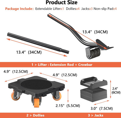 ONEON Furniture Mover with Wheels, 360° Rotation Wheels Furniture Dolly for Moving Heavy Furniture, Appliances, 660 LB Max Load Capacity with Auxiliary Lifter - Connect Dolly