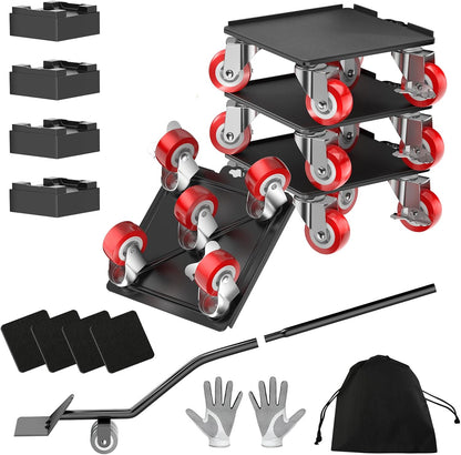 LOYAL TIGER 1500LBS Heavy Duty Furniture Dolly & Movers Set (5.4 Inch, Red) | 5-Wheel Carbon Steel Rollers with Locking Casters & Lifter. Moving Kit for Refrigerator, Washer, Sofa & Cabinet.