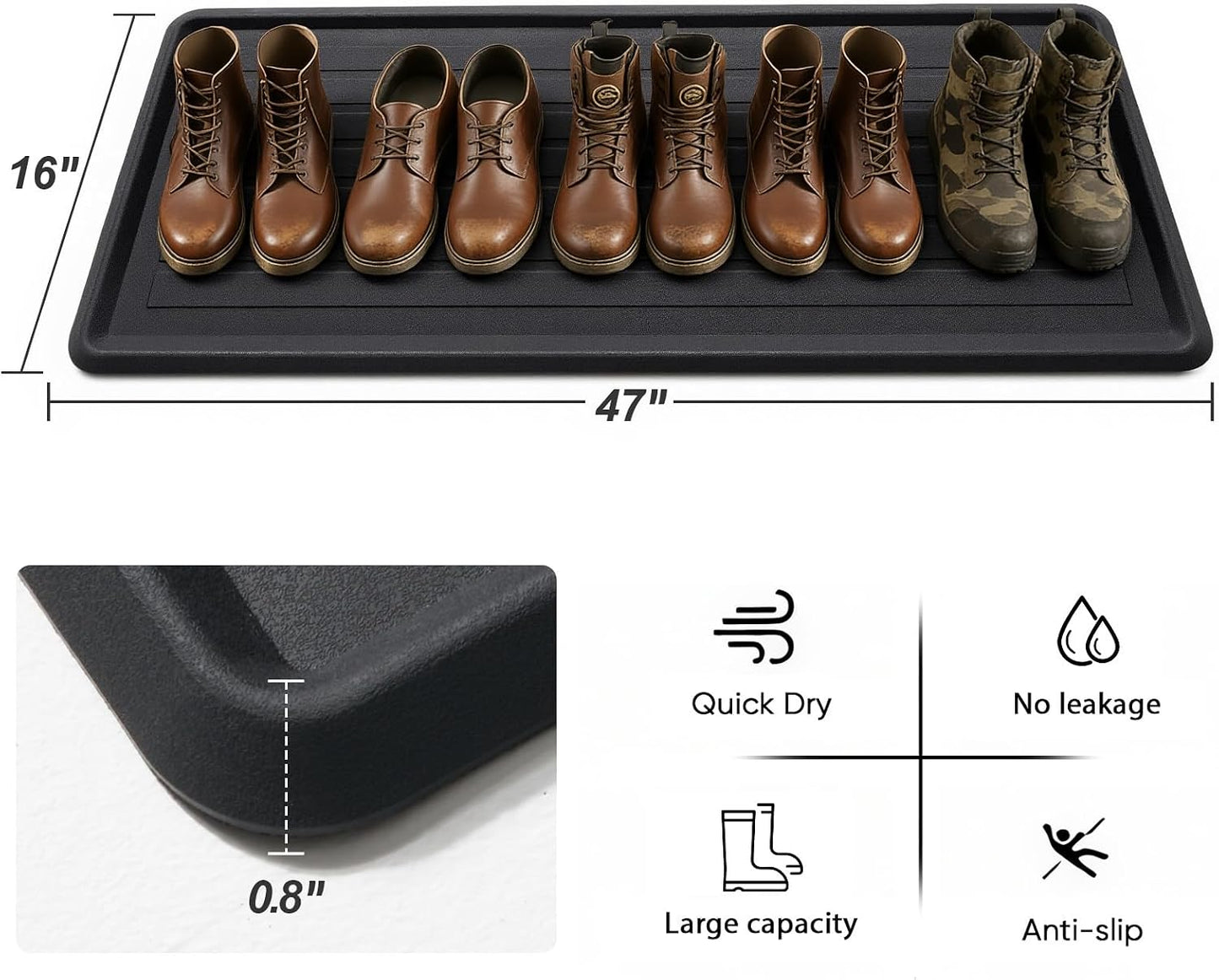 Rubber Boot Tray for Entryway, Multipurpose Boot Mat, Shoe Tray, Shoe Mat for Indoor and Outdoor, 16x27.5, Black