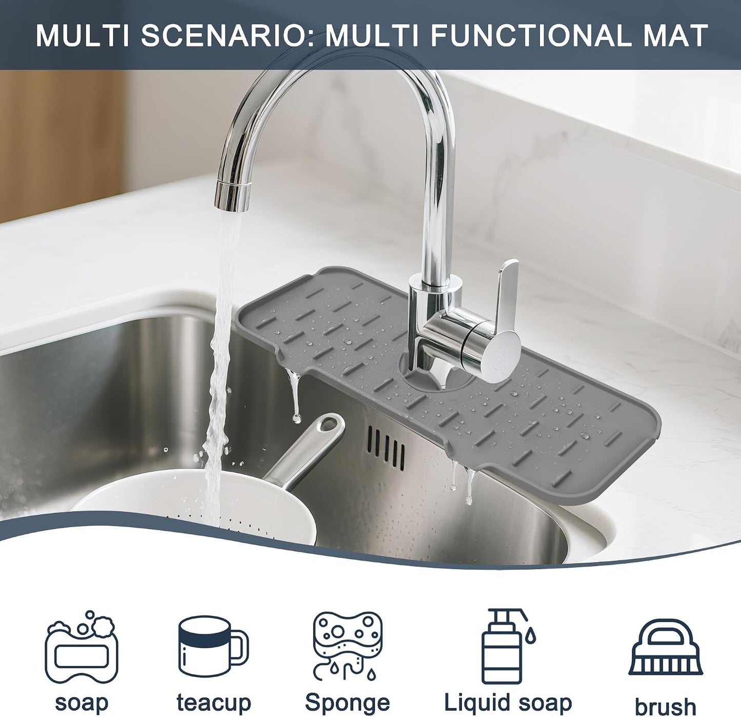 Kitchen Sink Splash Guard Silicone Faucet Mat for Kitchen Sink Grey | Sink drain pad behind faucet, Sink rubber mat around faucet guard & draining mat, bathroom sink protector Water Catcher Mat