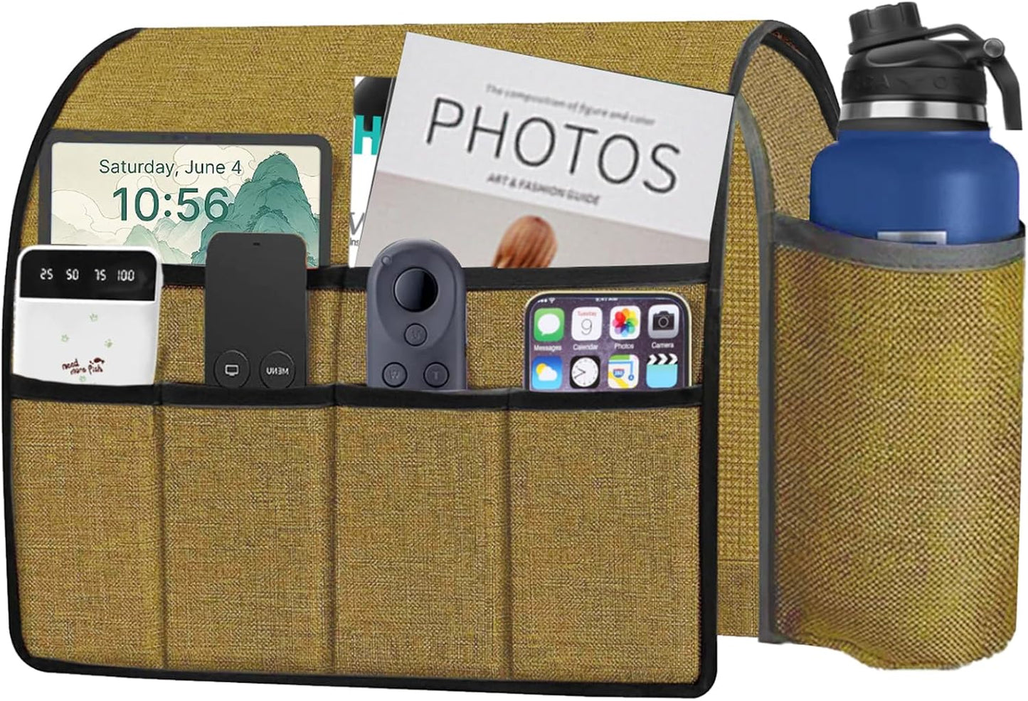 Ntomtuex Sofa Armchair Caddy Remote Control Holder with Water Bottle for Couch Recliner, Armrest Organizer with 7-Pocket Design for Magazines, Eyeglasses, iPad, Phone, Dark Grey