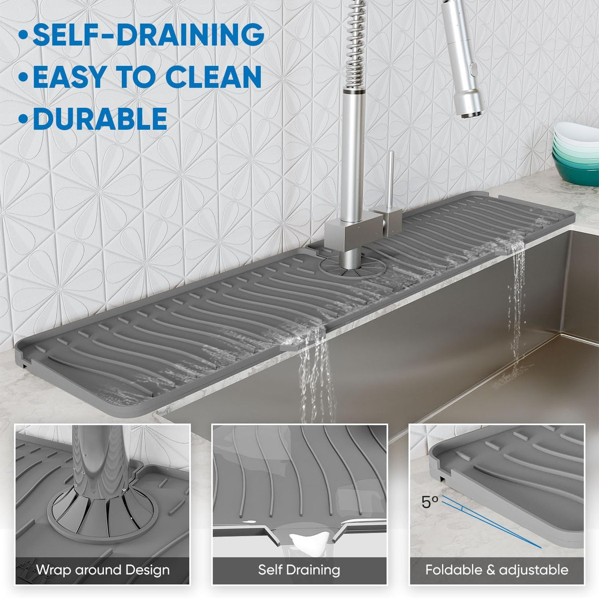 24 Inch Longer Faucet Mat for Kitchen Sink, Silicone Sink Faucet Mat Splash Guard 5° Slope Premium Kitchen Sink Splash Faucet Guard, Fast Self-Draining Mat (gray)
