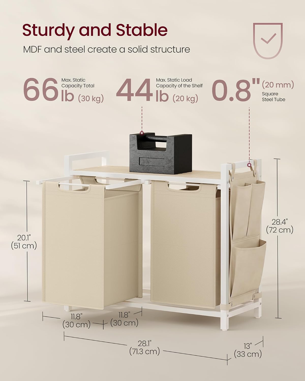 VASAGLE Laundry Hamper, Laundry Basket Sorter with 3 Pull-Out and Removable Bags, Shelf, Metal Frame, 3 x 10.6 Gallons (40 L), 36.4 x 13 x 28.4 Inches, Cappuccino Beige and Natural Beige UBLH301LH01