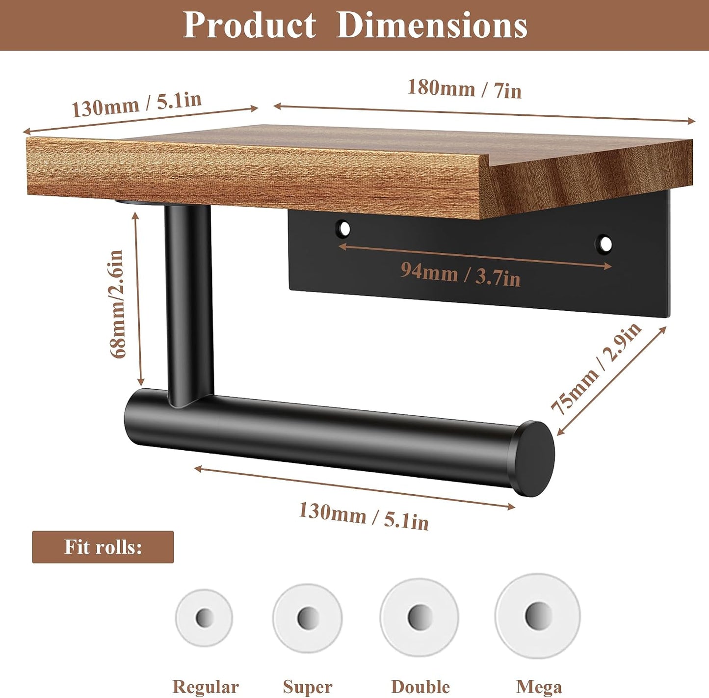 Tindbea Toilet Paper Holder with Wood Shelf, Wooden Wall Mount Tissue Paper Roll Holder, Matte Black Stainless Steel Bathroom Accessories Decor Household Home Apartment Restroom Essentials (Walnut)