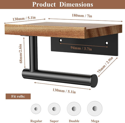 Tindbea Toilet Paper Holder with Wood Shelf, Wooden Wall Mount Tissue Paper Roll Holder, Matte Black Stainless Steel Bathroom Accessories Decor Household Home Apartment Restroom Essentials (Walnut)