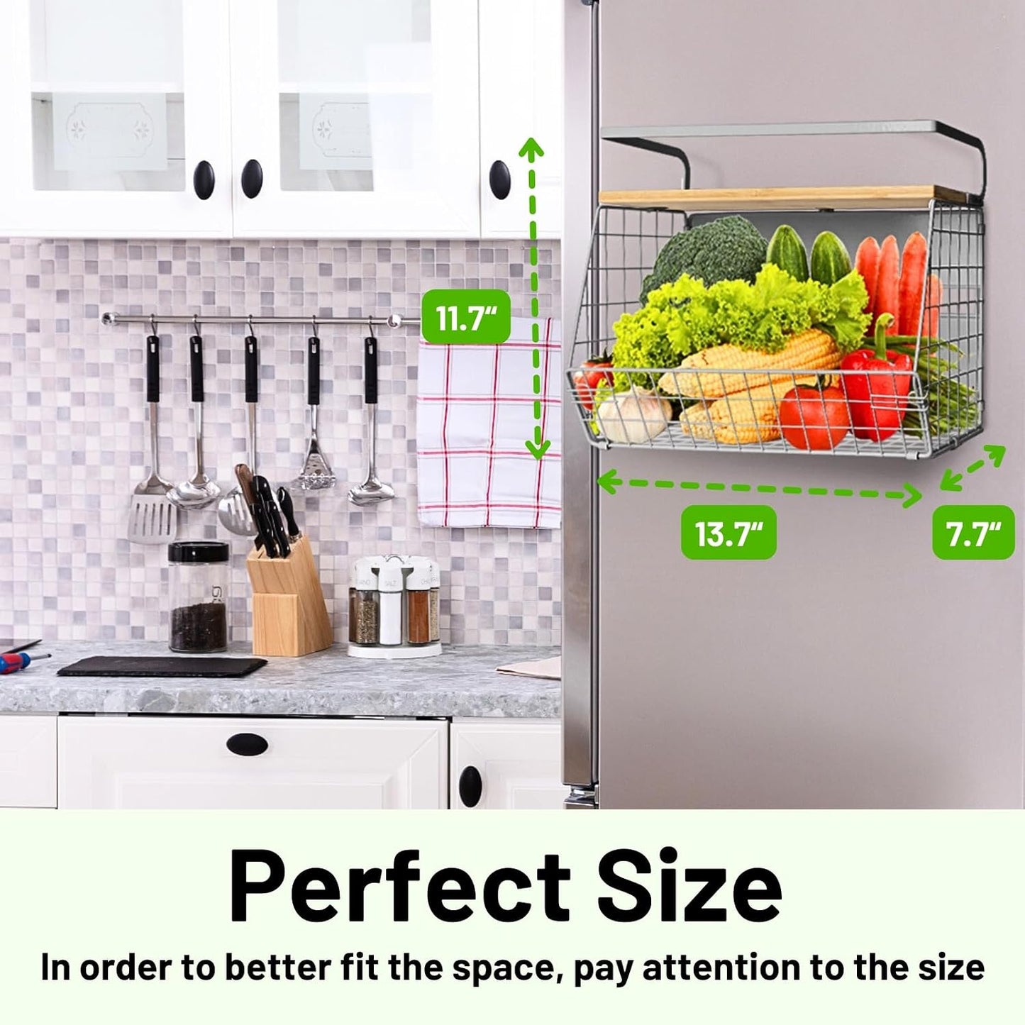 Magnetic Shelf for Fridge with Wood Lid, Fruit Potato and Onion Storage Bins, Pantry Organizers & Storage, Large Container Magnetic Spice Rack for Refrigerator, Kitchen Counter, Cabinet | Strong magnet holds 50lbs, ventilated bin for produce, versatile