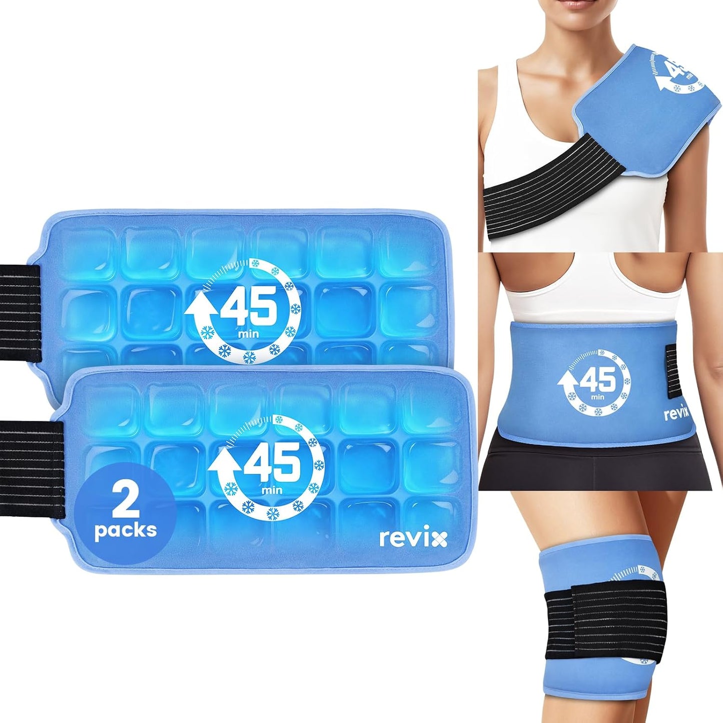 REVIX Ice Pack for Injuries Reusable, 14 × 7" Gel Cold Compress with Strap | 45-Min Long-Lasting Gel Cold Pack for Knee, Shoulder, Lower Back, Leg, Flexible Ice Wrap, Universal Use for Arm, Hip