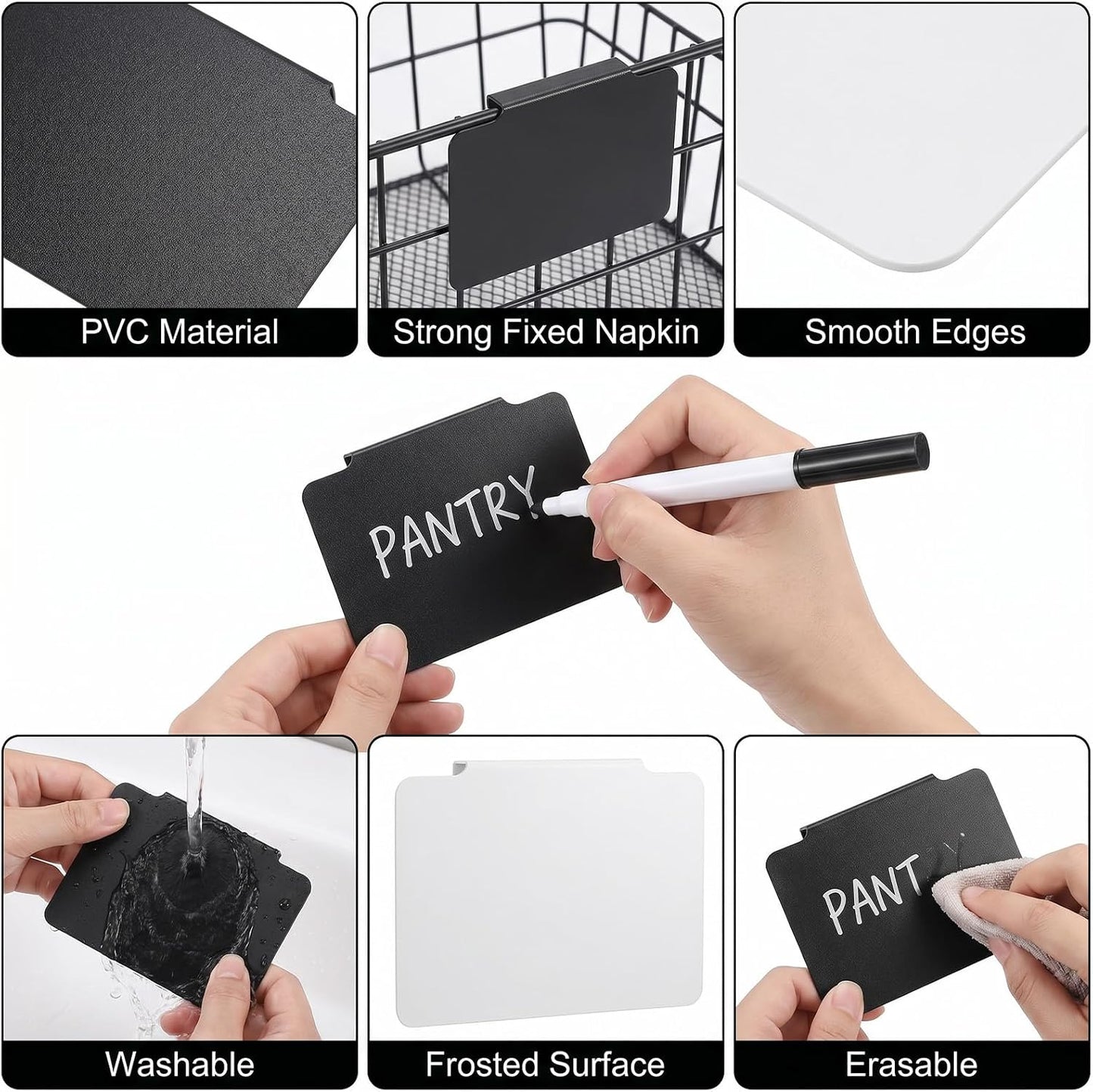 60 Pcs Clip on Labels for Storage Bins | 30 Black & 30 White Label Clips for Storage Bins with 2 Chalk Markers & 4 Flower Stickers (3.5 x 2.5 x 0.6 Inches)