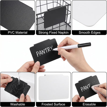 60 Pcs Clip on Labels for Storage Bins | 30 Black & 30 White Label Clips for Storage Bins with 2 Chalk Markers & 4 Flower Stickers (3.5 x 2.5 x 0.6 Inches)