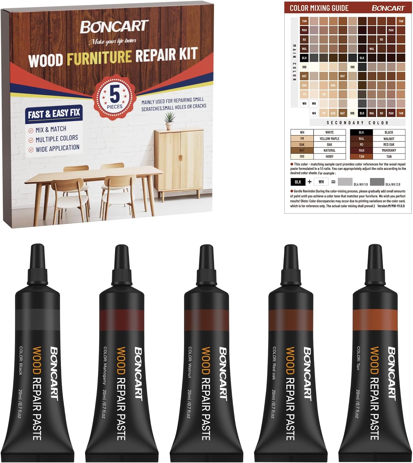 Boncart Wood Furniture Repair Kit, Wood Touch up Fillers | Repair Scratches, Cracks, Paint Chips, and Nail Holes on Furniture, Floors, Doors, Cabinets, and Tables (10 Colors)