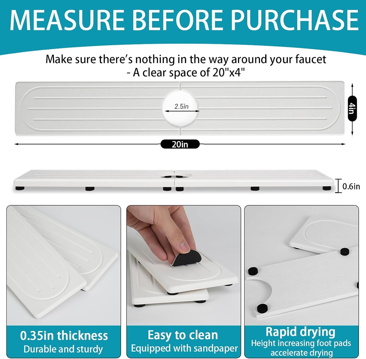 Faucet Mat for Kitchen Sink with Raised Feet, Stone Sink Mat Quick Dry around Faucet, Water Absorbent Stone Tray, Sink Splash Guard & Protectors, Stone Drying Mat for kitchen Counter