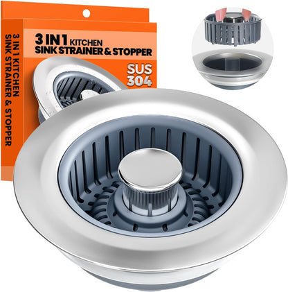 3 in 1 Kitchen Sink Drain Strainer and Stopper Silver 1 Pack | Kitchen Sink Accessories Strainer Basket with Removable Insert - Stainless Steel Food Catcher, Easy Clean Pop-Up