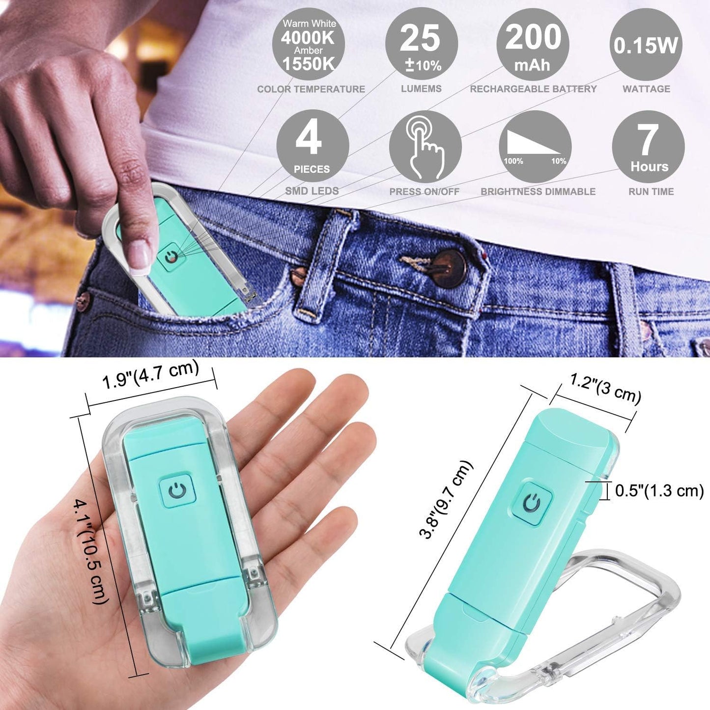 LUXSWAY USB Rechargeable Book Light for Reading,Small Book Reading Light in Bed,Clip On Bookmark Kids Light for Bed,Brightness Adjustable for Eye Care,2 4000K and 2 1550K LEDs for Bookworms
