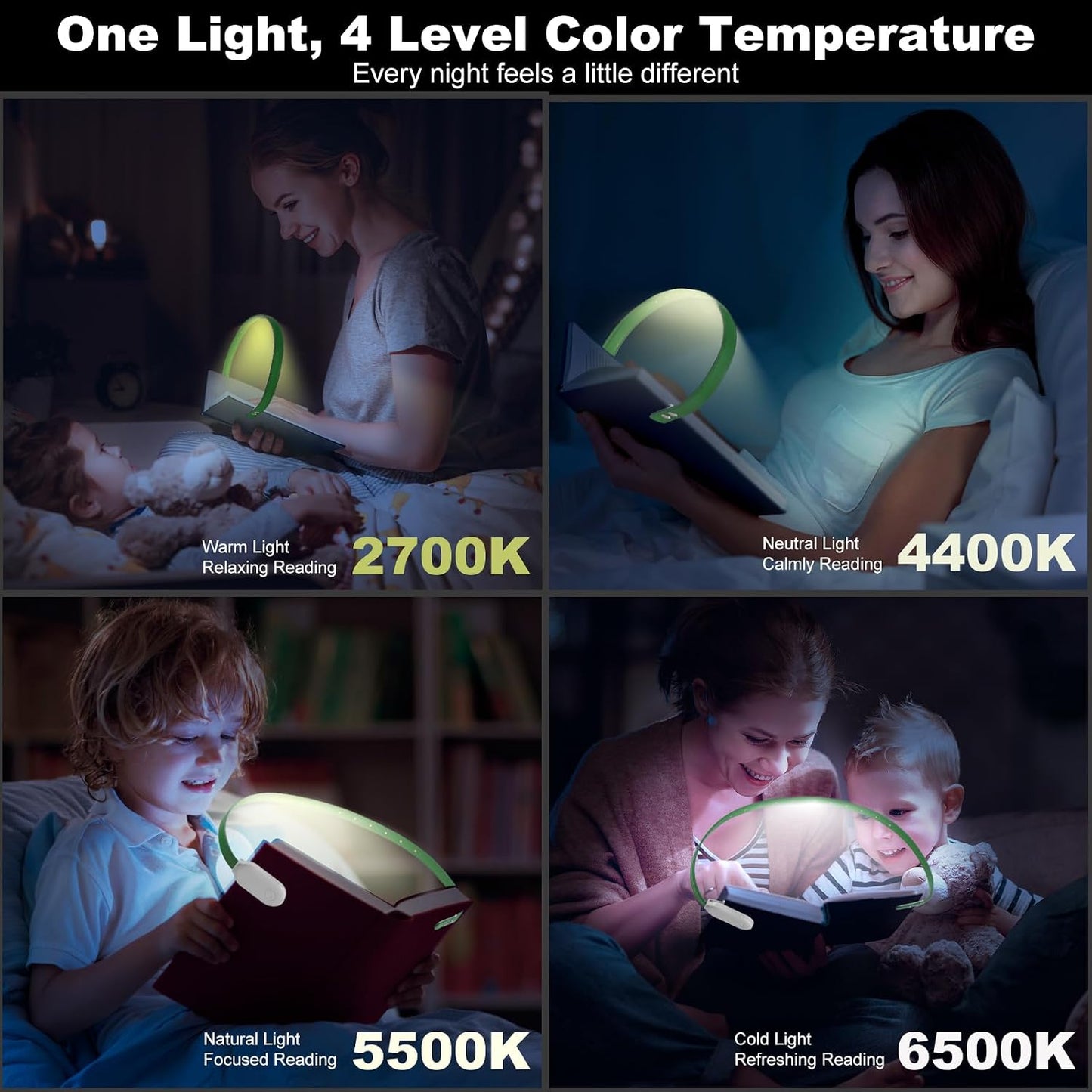 ROOKIELEDS Rechargeable Book Light for Reading, 12 LED Eye-Care Reading Light, 4 Color Temperatures, Stepless Dimming, No Flicker, Evenly Distributed Lighting for Books, Perfect for Reader (Green)