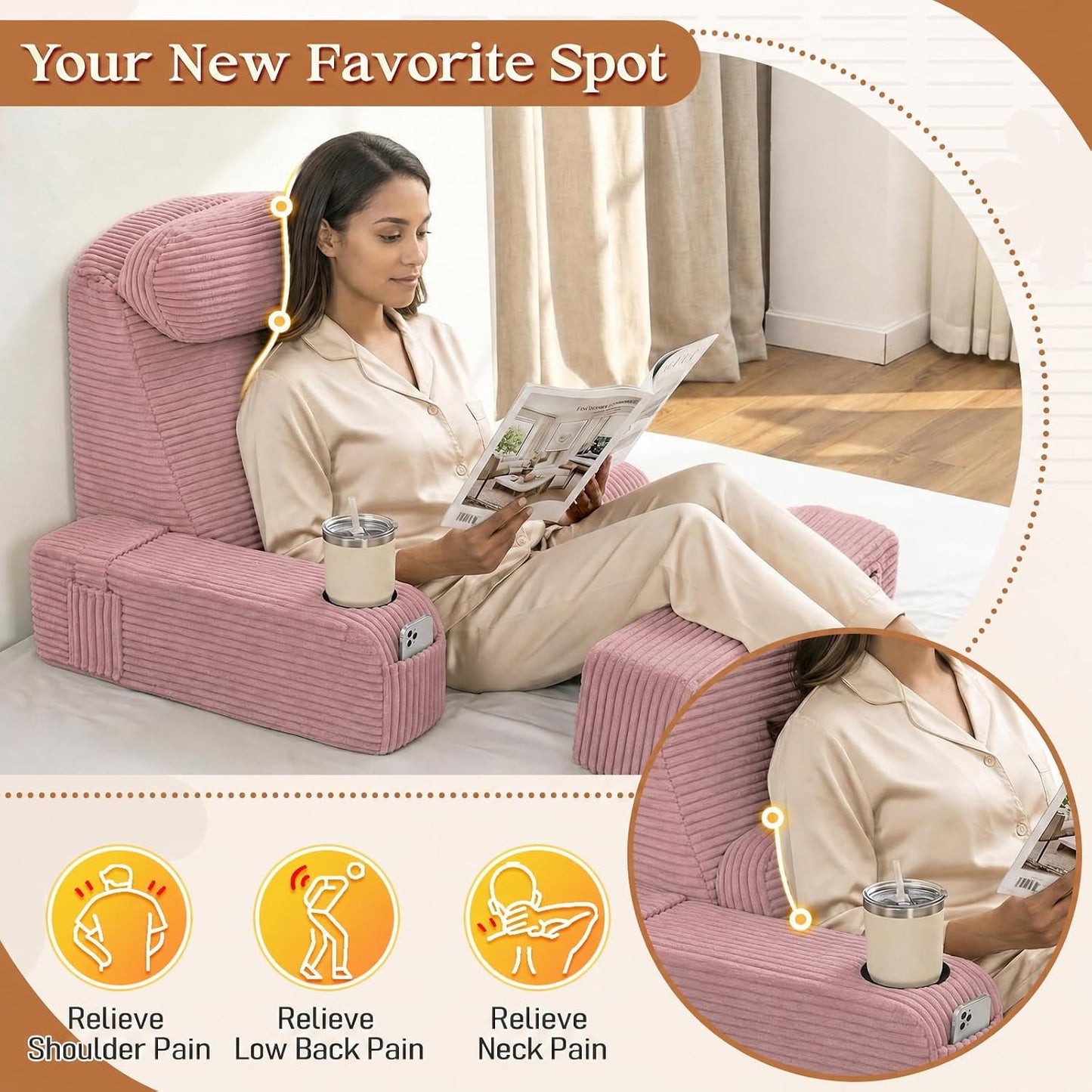 Reading Pillow/Backrest Pillow with Arms, Cup Holder & Phone Pocket | Bed Rest Pillow with Adjustable Headrest, Corduroy Fabric for Back Support in Bed/Sofa/Floor (Off-White, 19 INCH)