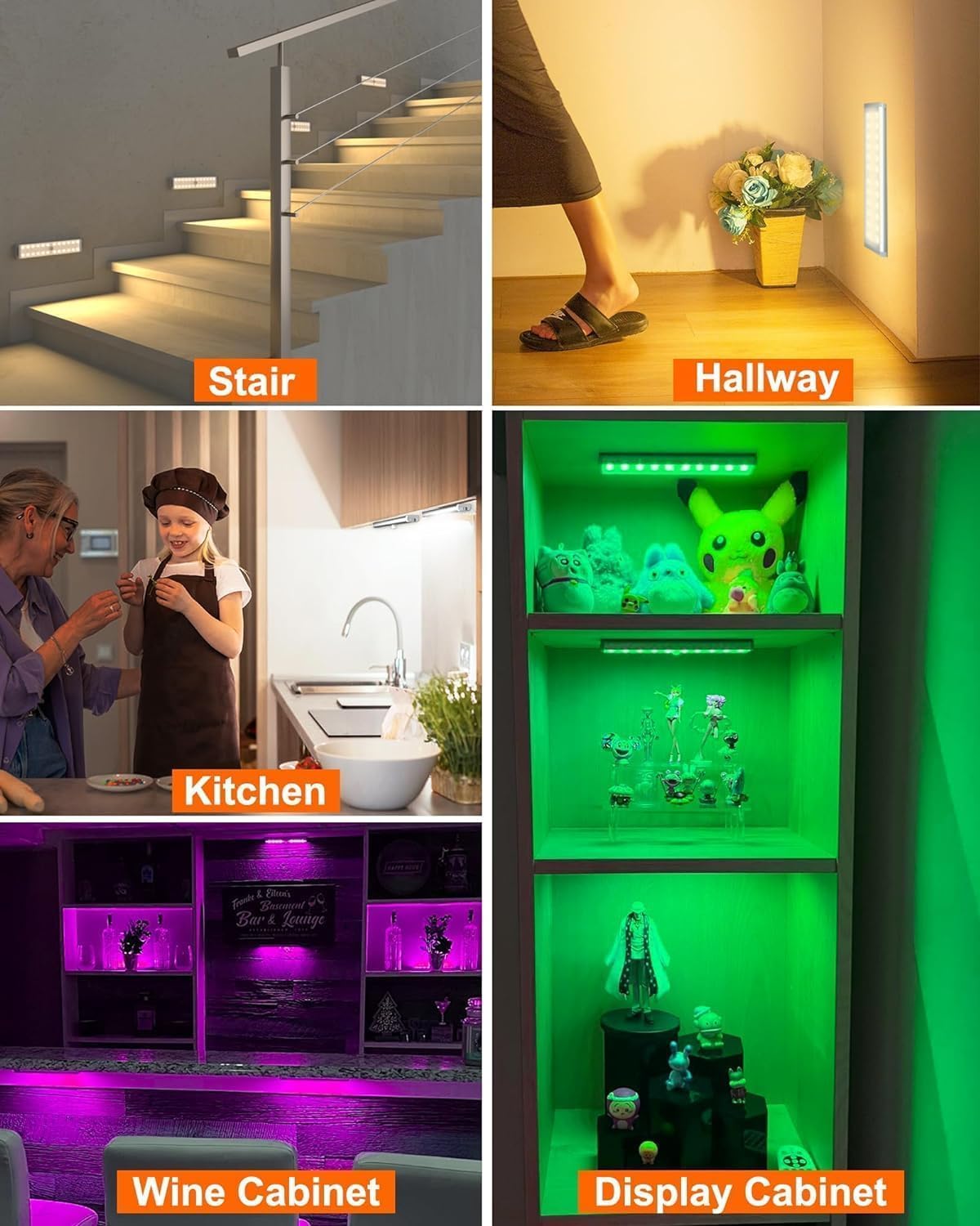 Diomart Motion Sensor Under Cabinet Lighting, RGB Rechargeable, 4 Pack | 58 LEDs,15 RGB colors. Remote & motion sensor dual control. Dimming, Auto-off timer