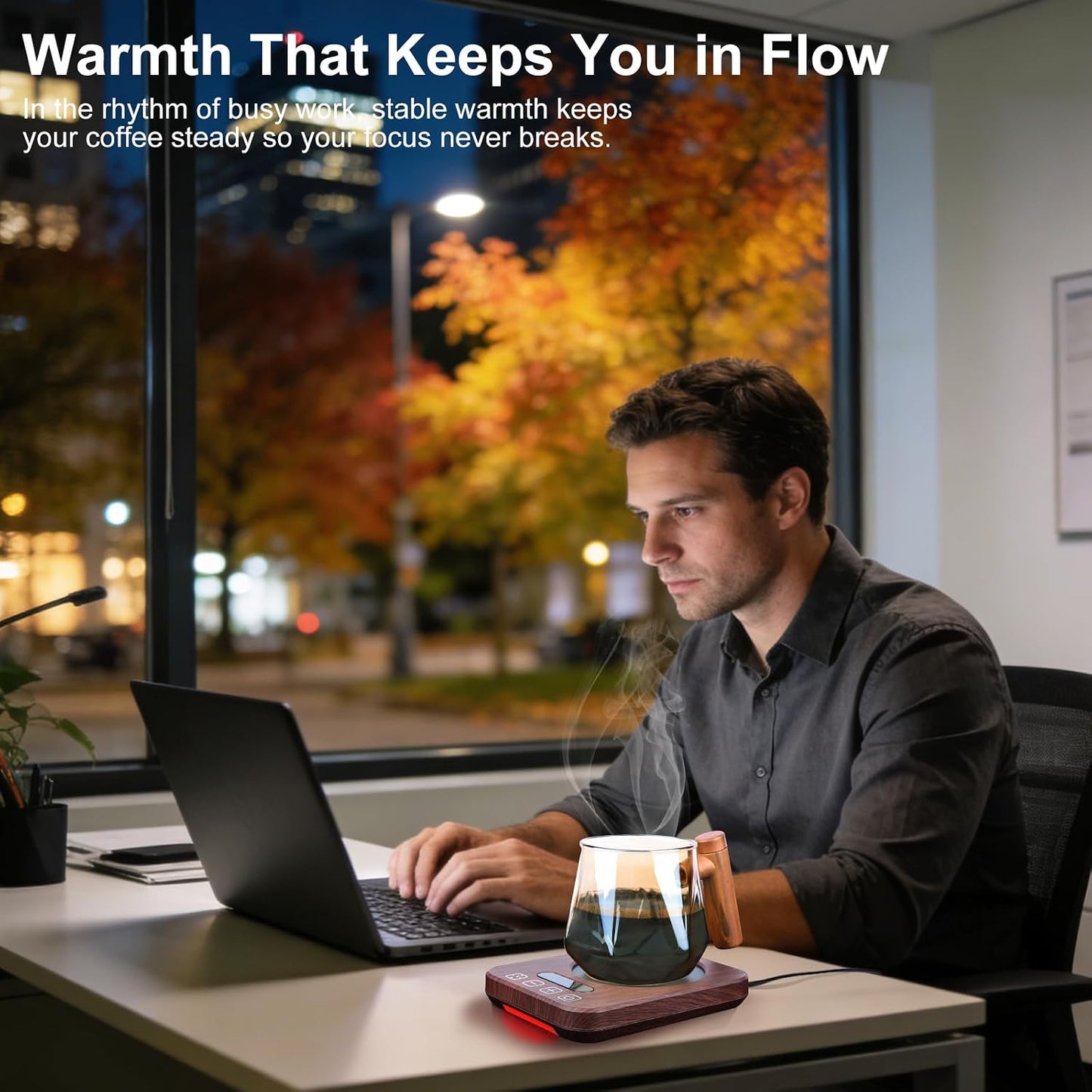 Coffee Mug Warmer, 36W, 120–180°F, 1–12H Timer | 7 heat levels, fast metal heating plate, digital touch control, 8H auto shut-off, wood-grain finish for desk use