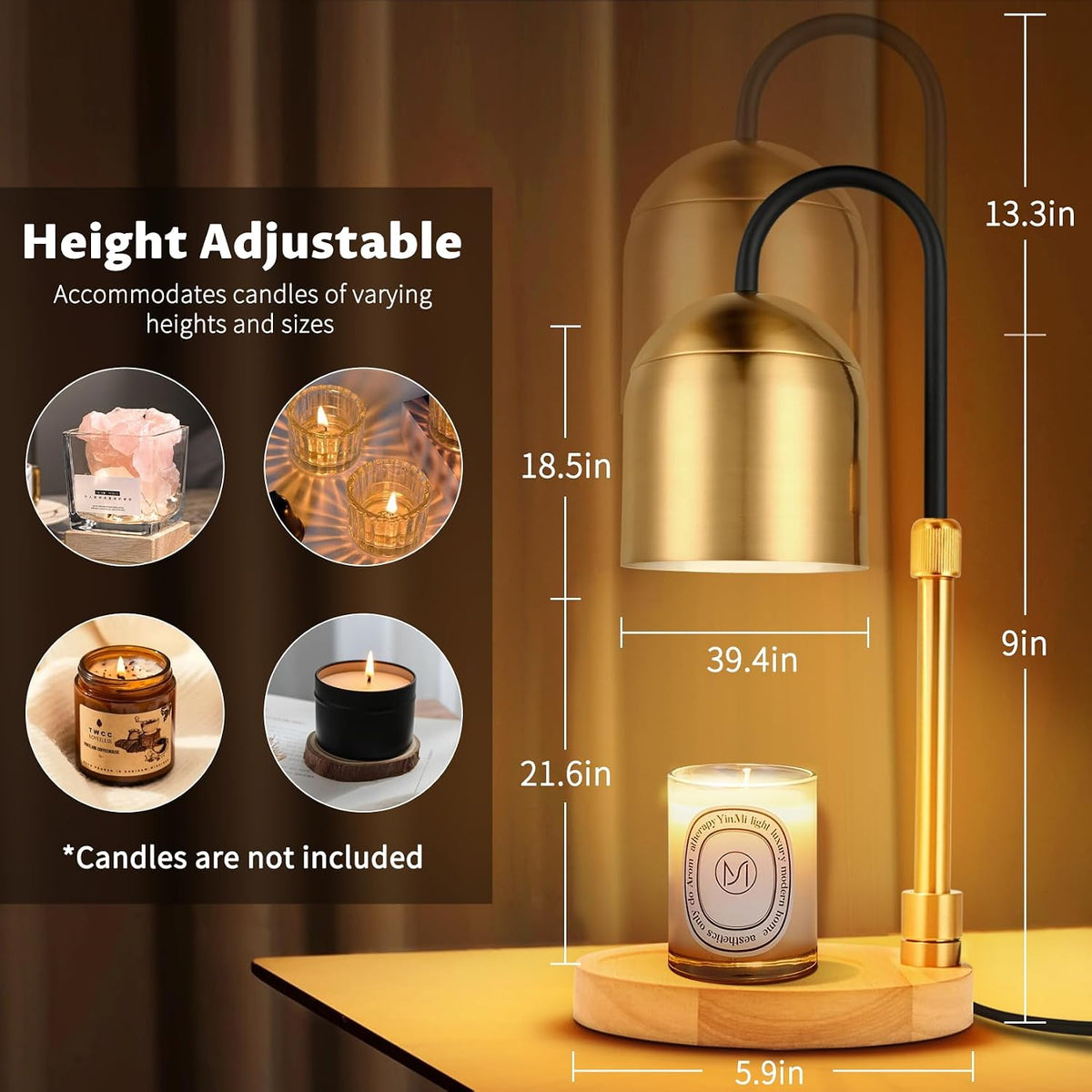 Candle Warmer Lamp Dimmable with Timer and 3 Bulbs, Adjustable Height & Brightness, Electric Candle Wax Warmer for Jar Candles, House Warming Gifts New Home Decor (Black)