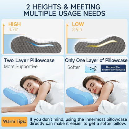 Neck Pillow for Sleeping, Ergonomic Cervical Bed Pillow, Blue Standard Size | Memory Foam Bed Pillow for Side Back Stomach Sleepers, Contour Fit Neck Pillow for Sleeping and Neck Pain Relief