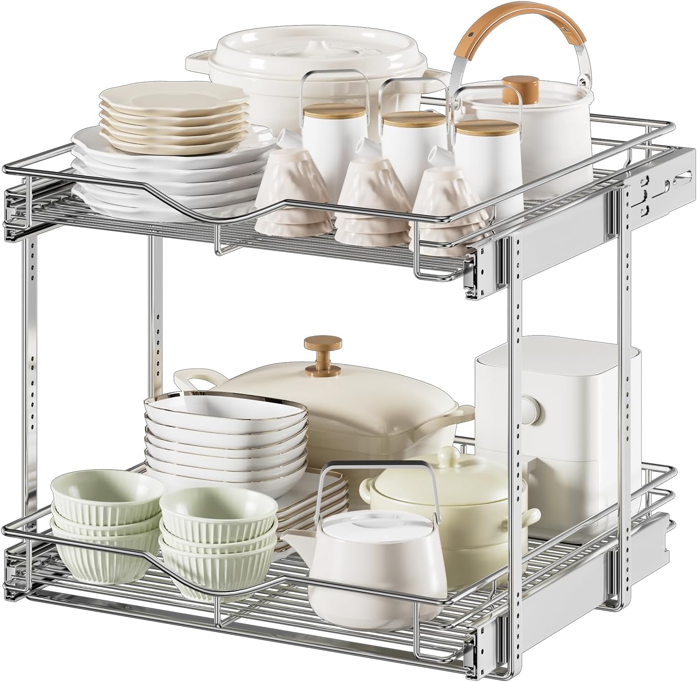 DINDON 2 Tier Pull Out Cabinet Organizer (20" W X 21" D), Double Tier Wire Basket Slide Out Shelf Storage for Kitchen Base Cabinet Organization for Kitchen, Pantry, Bathroom, Chrome