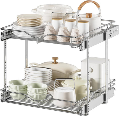 DINDON 2 Tier Pull Out Cabinet Organizer (20" W X 21" D), Double Tier Wire Basket Slide Out Shelf Storage for Kitchen Base Cabinet Organization for Kitchen, Pantry, Bathroom, Chrome